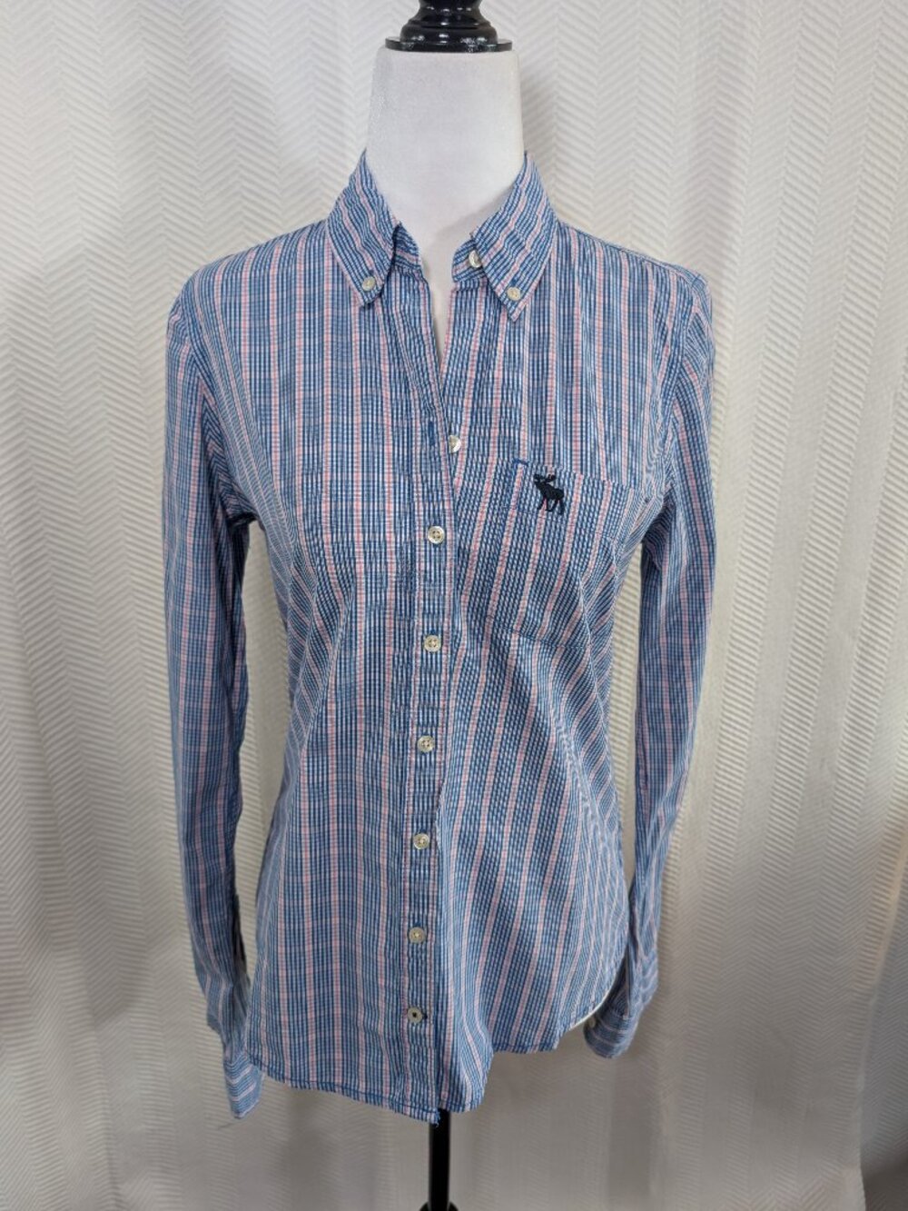 Abercrombie & Fitch Plaid Button‑Down Shirt Fitted Blue Pink White Medium Y2K